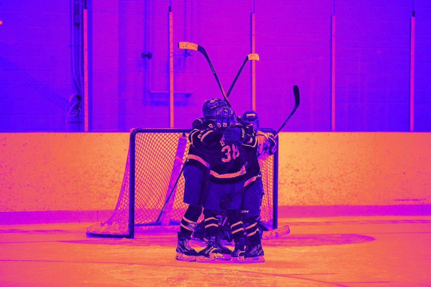 Two young hockey players celebrating beside the net